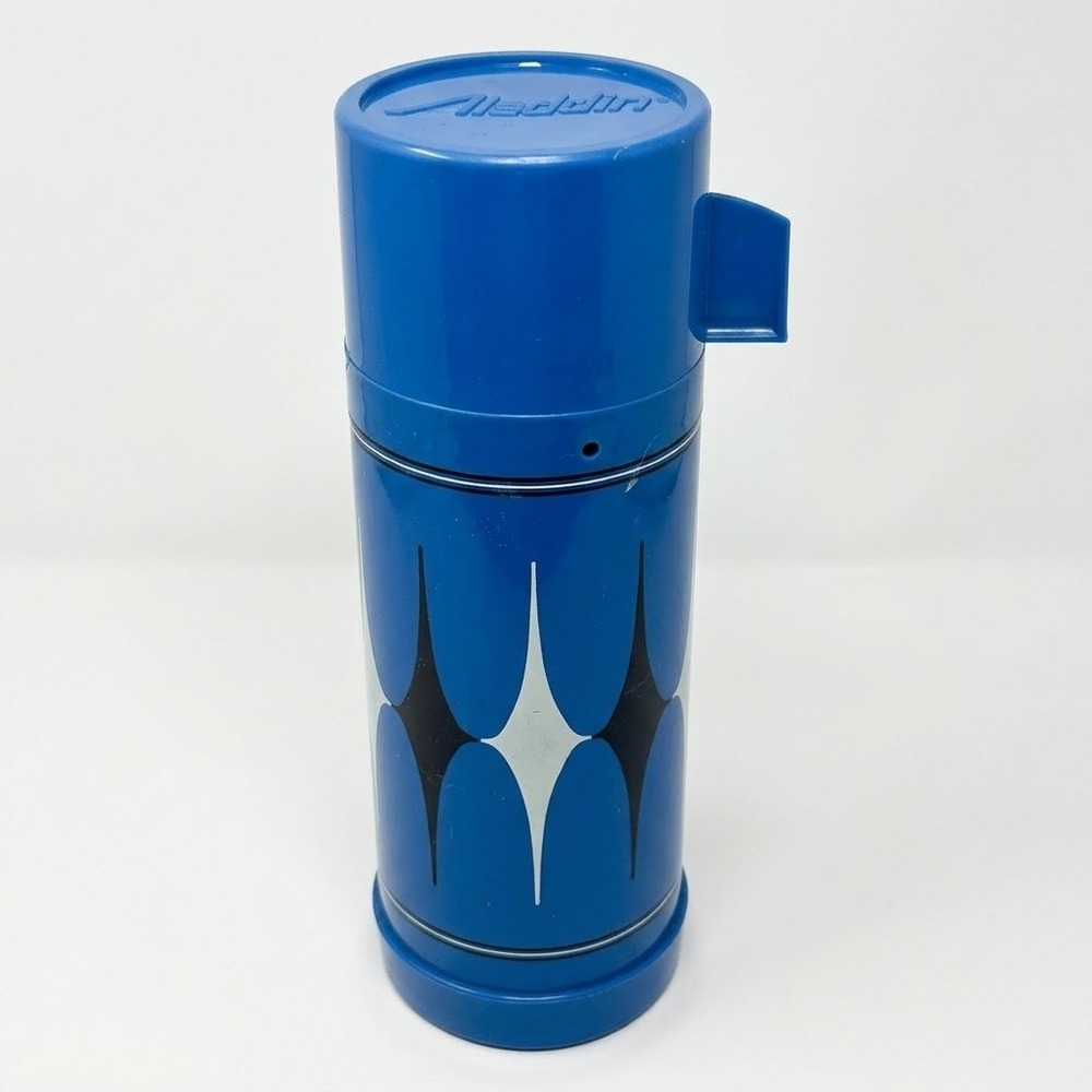 Vintage Aladdin Thermos Blue Harlequin Diamond 1 Quart Vacuum Bottle No 032C Cup